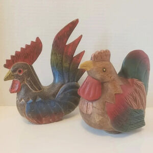 Vintage Folk Art Handcarved set  of 2 Sitting Roosters/Chicken .